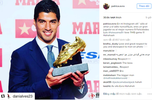 Evra chúc mừng Suarez giành Giày Vàng 2016