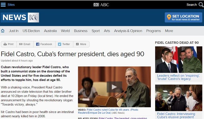Báo chí thế giới tràn ngập tin, bài về Fidel Castro
