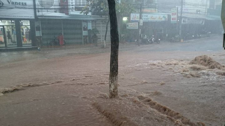 Mưa lớn đầu mùa, ô tô bơi như thuyền trên phố ở Gia Lai