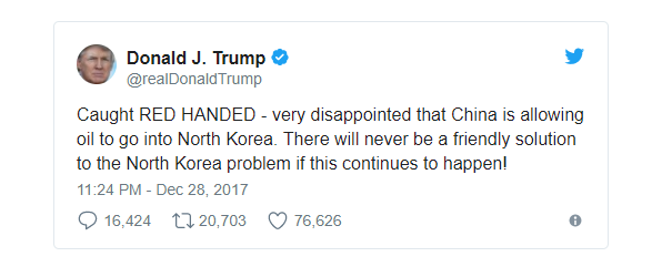 Tổng thống Trump nói “bắt quả tang” Trung Quốc tuồn dầu cho Triều Tiên