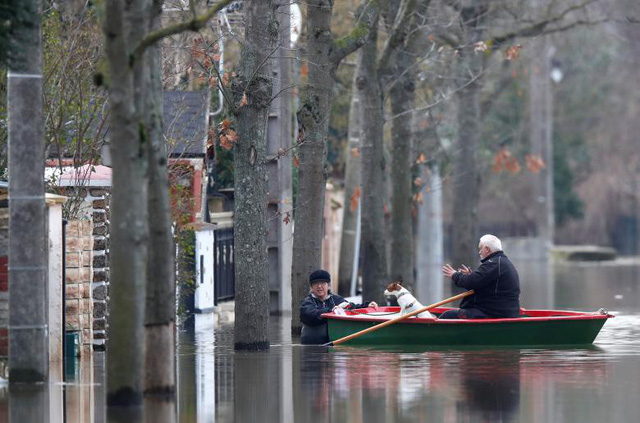 Sông Seine tràn bờ, người Pháp chèo xuồng vượt lụt giữa Paris