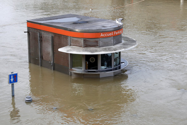 Sông Seine tràn bờ, người Pháp chèo xuồng vượt lụt giữa Paris