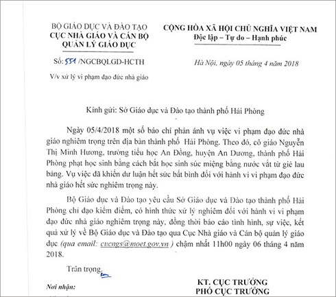 Bộ GD-ĐT yêu cầu xử nghiêm vụ cô giáo bắt học sinh uống nước giặt giẻ lau bảng