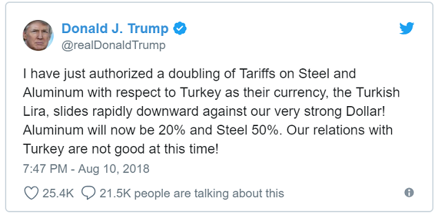 Ông Trump tăng thuế quan lên nhôm và thép nhập khẩu từ Thổ Nhĩ Kỳ, đồng Lira rớt gần 20%