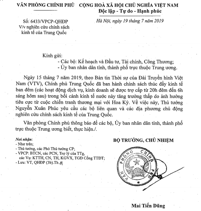 Thủ tướng yêu cầu nghiên cứu chính sách "kinh tế ban đêm" của Trung Quốc